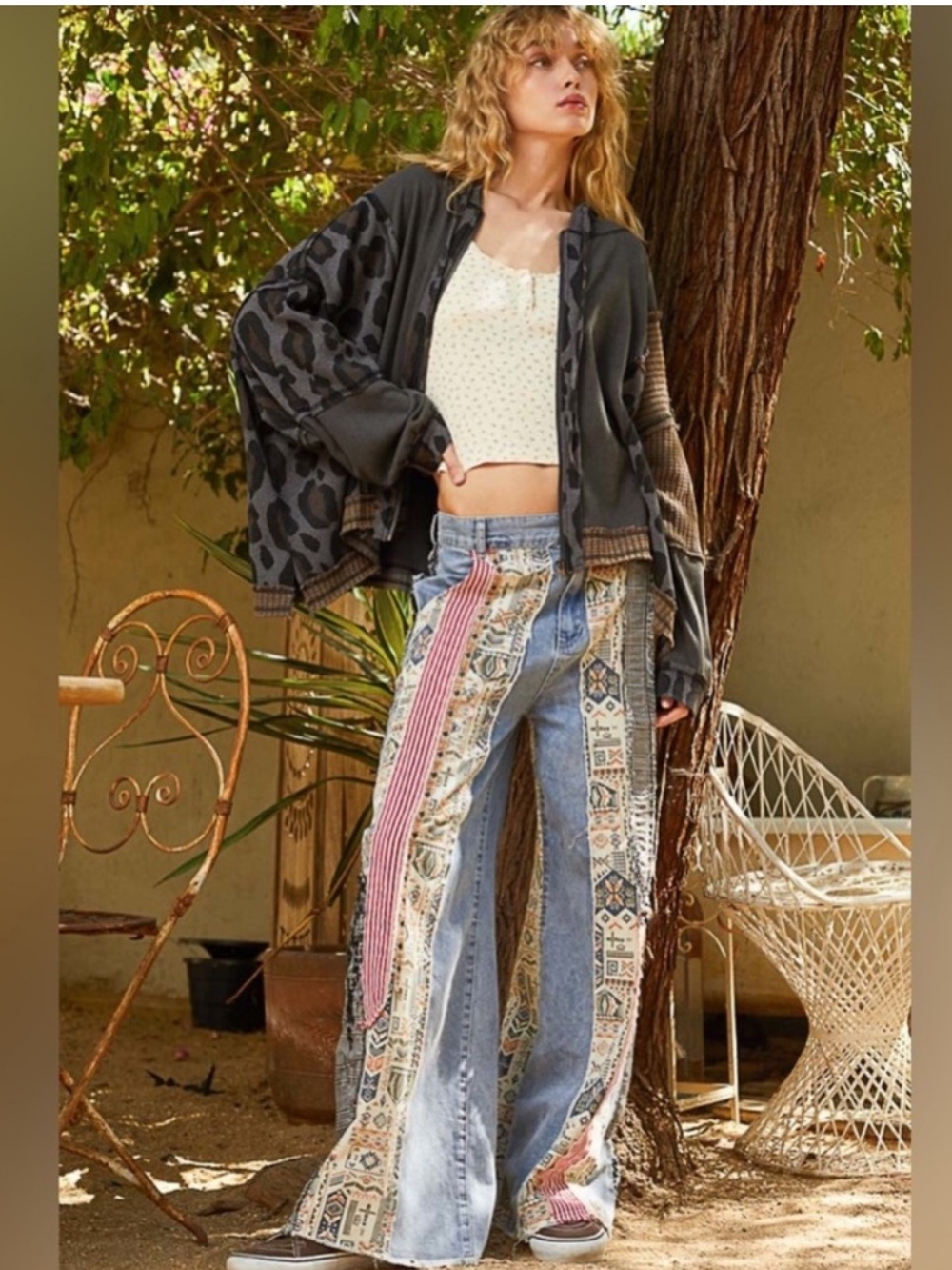 New: POL “Be Legendary” Bohemian Mixed Patchwork Wide Leg Jeans• Large - Picture 7 of 8